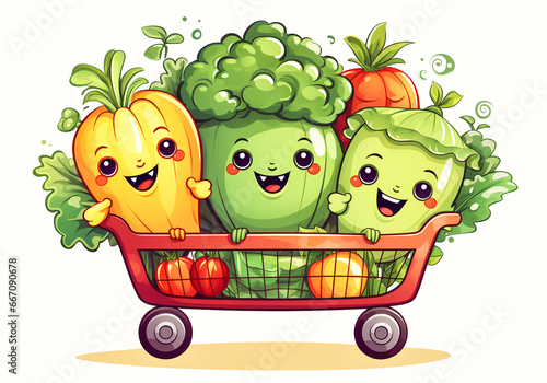 Cartoon with happy vegetables inside a supermarket cart. AI generated