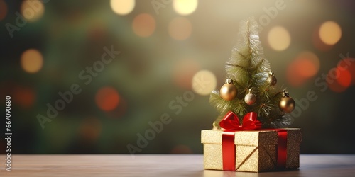 Background for a greeting card for Christmas and New Year with a small Christmas tree and a gift