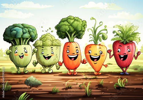 Happy cartoon of fresh vegetables running in a field with a big smile. AI generated