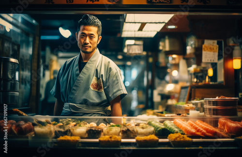 Japanese sushi chef at traditional sushi counter, Kanō school craftsmanship, Edo period scene. Generated AI. photo