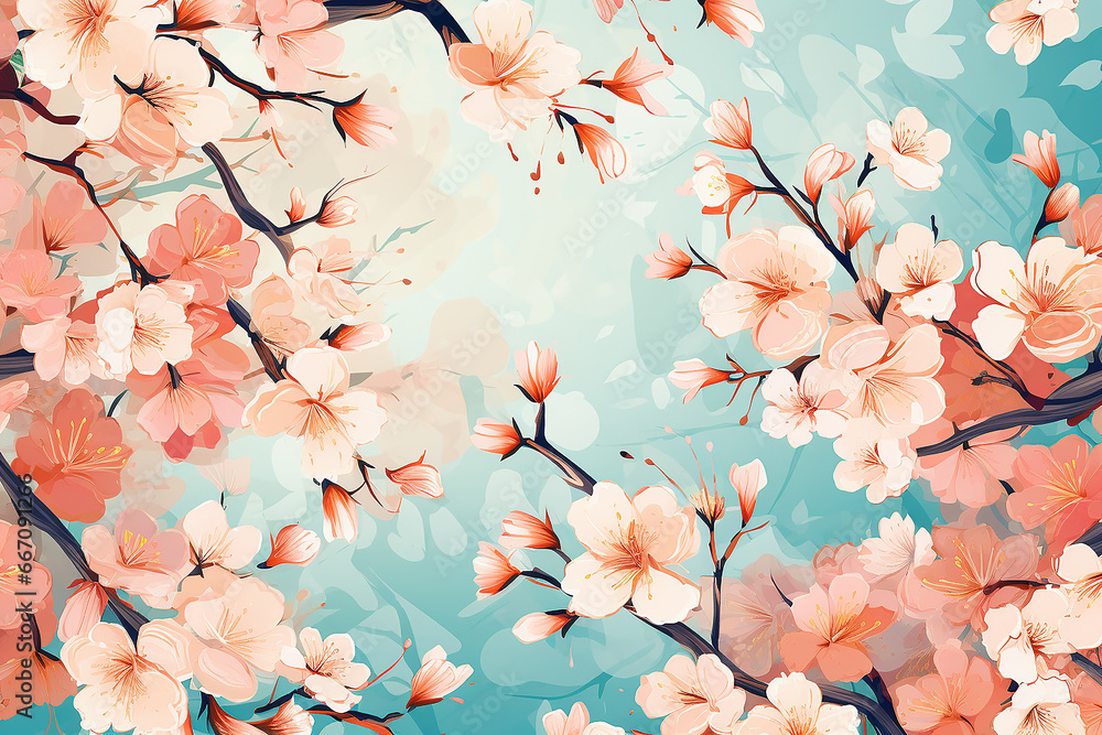 Digital illustration of pink cherry blossom, flowers blooming in summer, Generative AI