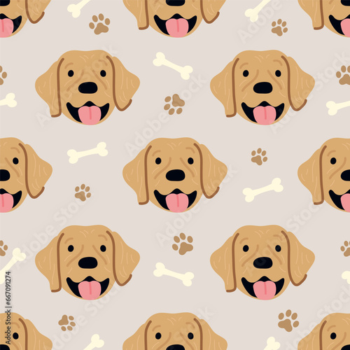 Golden retriever dogs seamless pattern vector illustration. Dog face pattern