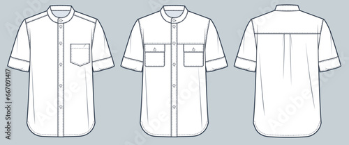 Short sleeve Shirt technical fashion Illustration. Band collar Shirt fashion flat technical drawing template, button down, relaxed fit, front and back view, white, women, men, unisex CAD mockup set.