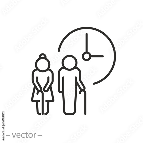 pension age icon, retirement time, pensioner man and woman with clock, thin line symbol on white background - editable stroke vector eps10
