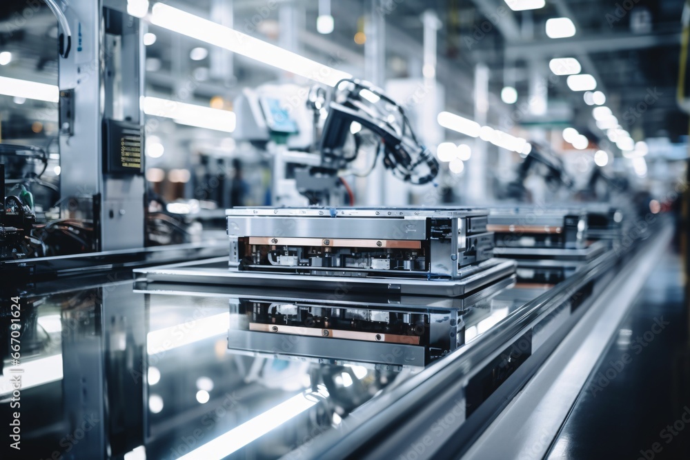 a pristine, reflective metallic assembly line surface, showcasing a clear space for product placement, contrasted by a blurred, bustling factory setting in the background a pristine, reflective metallic assembly line surface, showcasing a clear space for product placement, contrasted by a blurred, bustling factory setting in the background