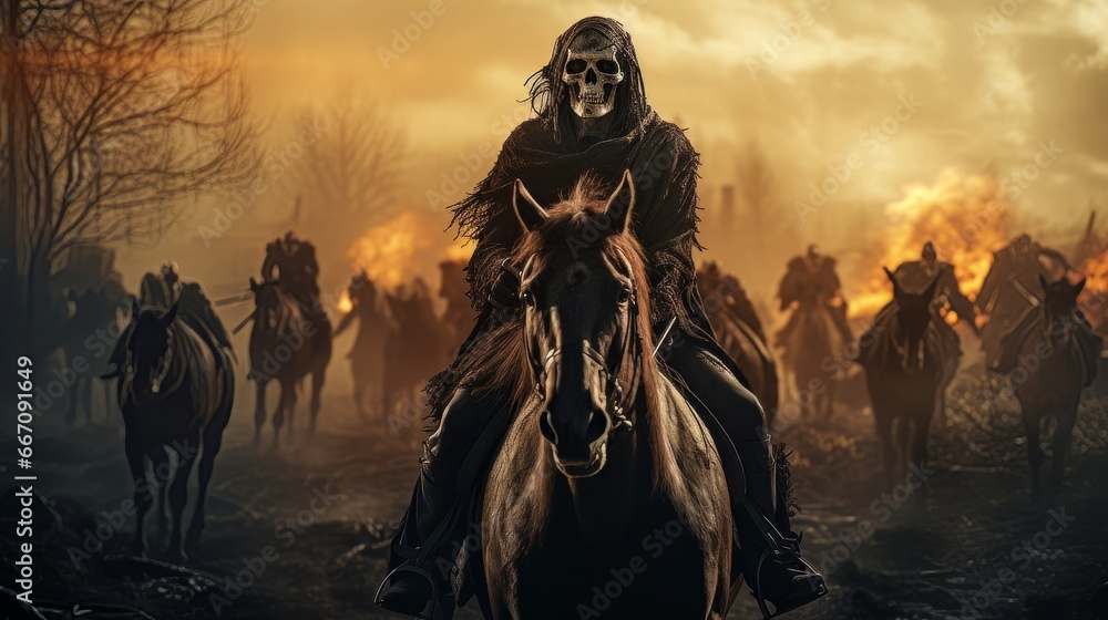 Black horseman skull of apocalypse riding black horse AI - obrazy, fototapety, plakaty 