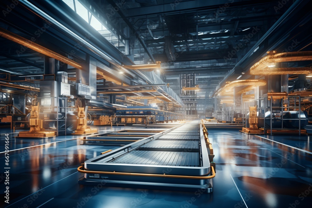 a sleek, polished metal surface on an assembly line, emphasizing its unblemished finish, while automated machinery operates with precision in the soft focus backdrop a sleek, polished metal surface on an assembly line, emphasizing its unblemished finish, while automated machinery operates with precision in the soft focus backdrop