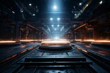 polished metallic assembly platform, with long time exposure capturing the glowing trajectories of operational lights, creating an ethereal dance against the blurred industrial setting