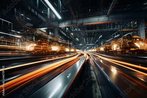 a shimmering metallic assembly line surface under low light, where the long time exposure captures the trail of lights from moving machinery in the blurred factory backdrop © Christian