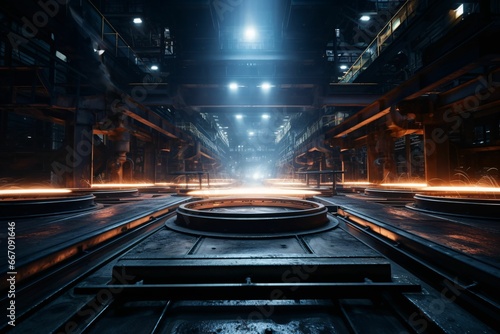 polished metallic assembly platform, with long time exposure capturing the glowing trajectories of operational lights, creating an ethereal dance against the blurred industrial setting photo