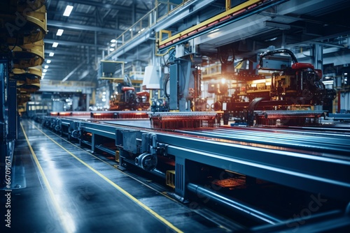 a pristine, reflective metallic assembly line surface, showcasing a clear space for product placement, contrasted by a blurred, bustling factory setting in the background