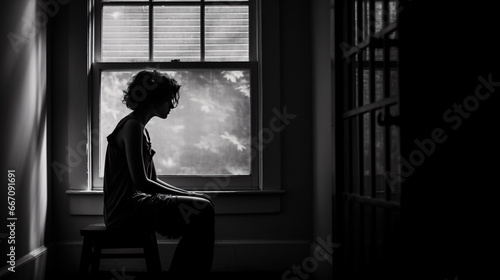 A monochrome picture portraying a lone person reflecting at a window, embodying the mentality of pondering and introspection.