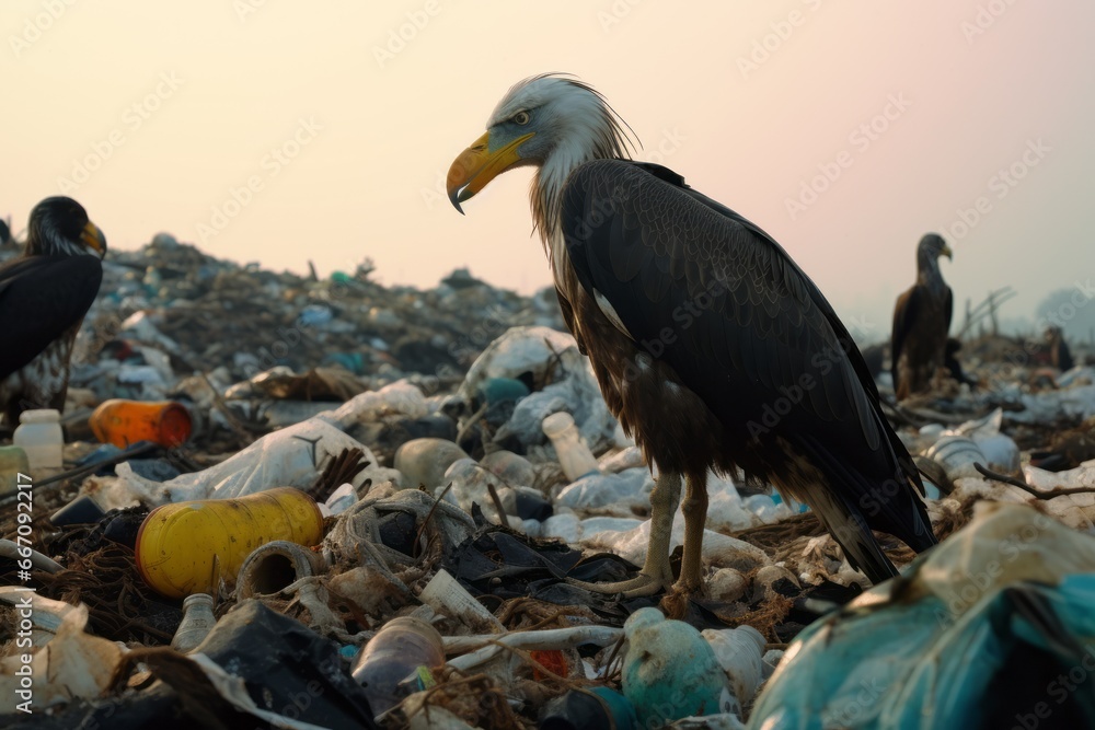 Obraz premium Wild birds gracefully navigating through mud amidst piles of garbage