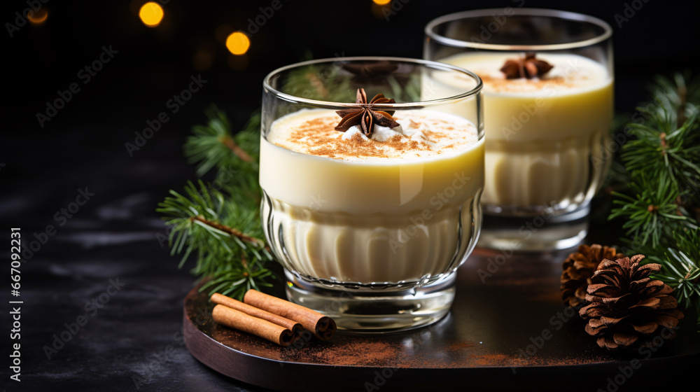 Festive eggnog with fragrant cinnamon in a goblet decorated with evergreen branches against a black backdrop. Festive eggnog with fragrant cinnamon in a goblet decorated with evergreen branches against a black backdrop.