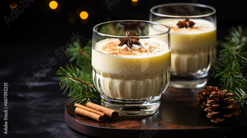 Festive eggnog with fragrant cinnamon in a goblet decorated with evergreen branches against a black backdrop.