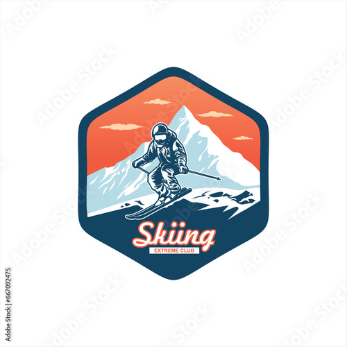 Ski club concept with skiers skiing downhill in high mountains