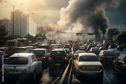 A traffic jam in the city center and air pollution