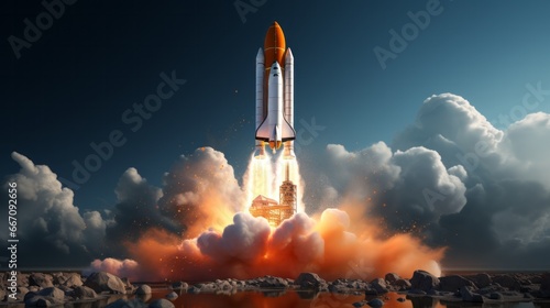 An awe-inspiring transport to the stars  a rocket piercing through the sky  a missile of hope propelling a spacecraft towards the unknown  as the spaceplane emerges from the smoke