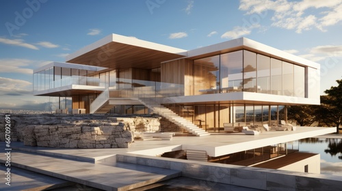 The grandeur of modern architecture meets the tranquility of nature as the glass-walled building, adorned with a stone patio, stands tall under a cloud-speckled sky, surrounded by lush trees © Envision