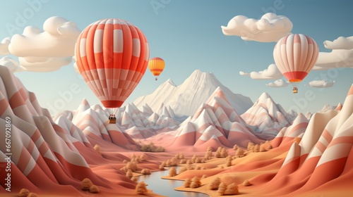 A colorful fleet of aerostats gracefully soars over majestic mountains, transporting passengers through the vast open sky photo