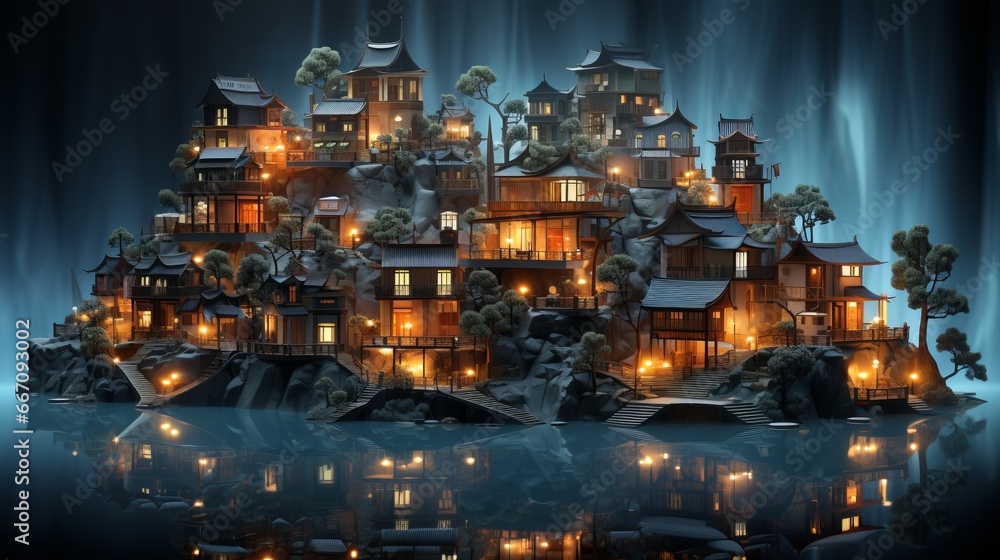 A shimmering metropolis glows against the dark expanse of the night, perched atop a lonely hill and embraced by the tranquil waters below A shimmering metropolis glows against the dark expanse of the night, perched atop a lonely hill and embraced by the tranquil waters below