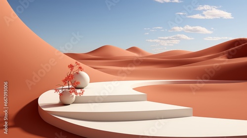 A lone plant perches atop a white staircase, reaching for the endless sky amidst the desolate desert landscape of sand dunes and untamed nature