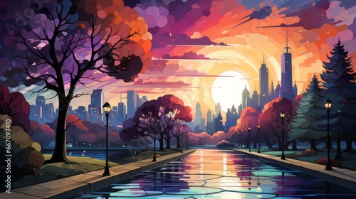 A vibrant metropolis painted with whimsical trees and flowing rivers, an anime-inspired masterpiece that captures the essence of nature's artistry photo
