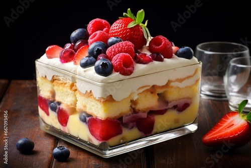 A layered dessert made with cake, fresh fruits, custard, and whipped cream. Generative AI