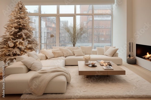 Cozy modern luxurious interior design of a living room with a white fluffy poliform sofa, tall ceiling, off-white cream colored textiles , christmas tree and ornaments, winter holidays mood © Romana