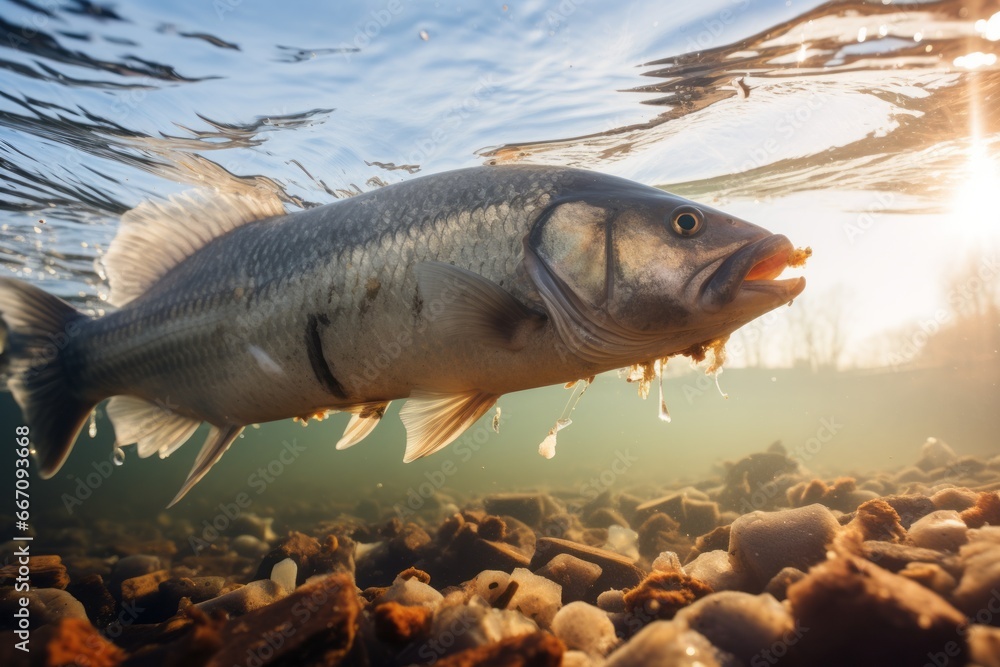 Fototapeta premium Fish navigating through a river polluted with debris and contaminants