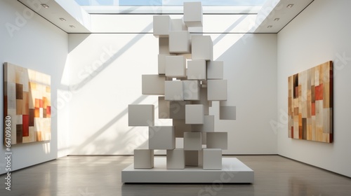 An ethereal display of minimalist perfection, where a monochromatic world meets endless possibilities in the form of a striking white cube stacked against a wall