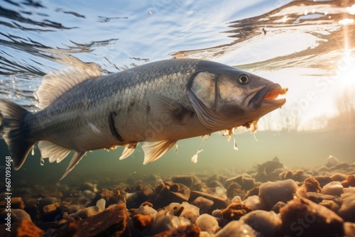 Fish navigating through a river polluted with debris and contaminants