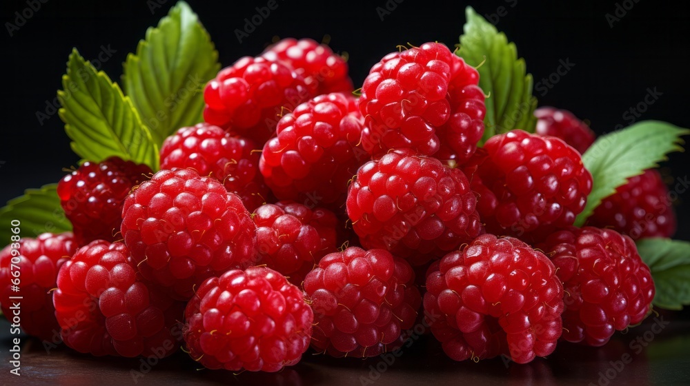 A colorful explosion of nature's bounty, this vibrant pile of raspberries with their luscious leaves showcases the power and beauty of superfoods A colorful explosion of nature's bounty, this vibrant pile of raspberries with their luscious leaves showcases the power and beauty of superfoods