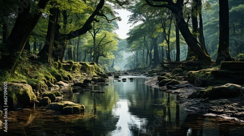 A tranquil river winds through a lush jungle landscape, reflecting the towering trees and rocky banks as it flows towards the misty bayou photo