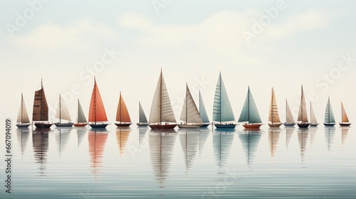 A serene sky mirrors the reflection of a fleet of sailboats, gracefully gliding through the water, evoking feelings of freedom and adventure on their transport vessels photo