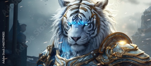 Fototapeta Naklejka Na Ścianę i Meble -  Icy tiger animal beast with gold jewelry and shield armour , epic lightning background , photo realistic, Generative AI