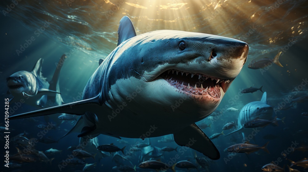 Fototapeta premium A majestic lamniformes glides through the underwater depths, its sleek fin cutting through the water with effortless grace and power, mesmerizing all who watch in the aquarium
