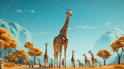 A majestic herd of towering giraffes gracefully stand amidst a vast desert landscape, their elongated necks reaching for the sky as they blend seamlessly into the natural beauty of their surroundings