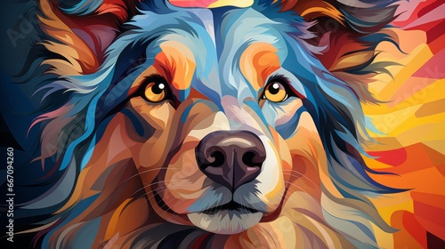 A whimsical canine creation, splashed with vibrant hues and piercing yellow orbs, brings a playful energy to the canvas in this animated masterpiece photo