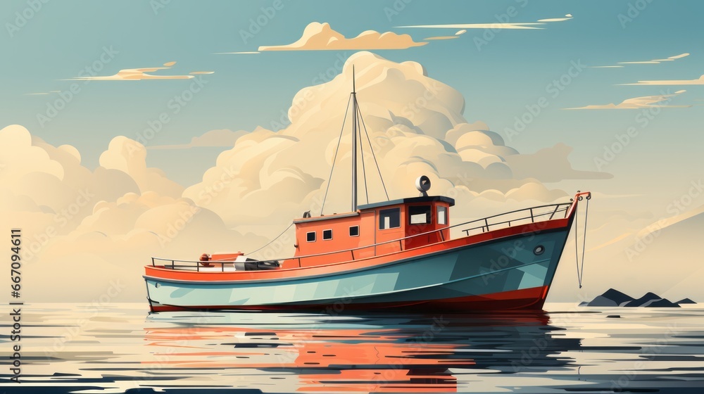 Fototapeta premium Serene ship glides through the vast expanse of shimmering water, its sails catching the winds of the cloudy sky as it embarks on a journey through the untamed sea