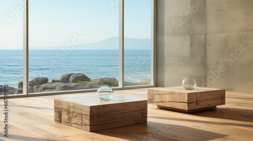 A solitary glass ball sits perched on a wooden table, its view of the ocean from the window overlooking the beach a stark contrast to the empty indoor space and bare floor below © Envision