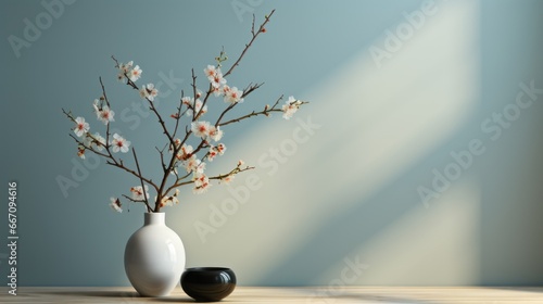 A pristine vase holds a bouquet of delicate white flowers, bringing a touch of nature and tranquility to the stark walls of an indoor space a lone branch adds a hint of wildness and whimsy