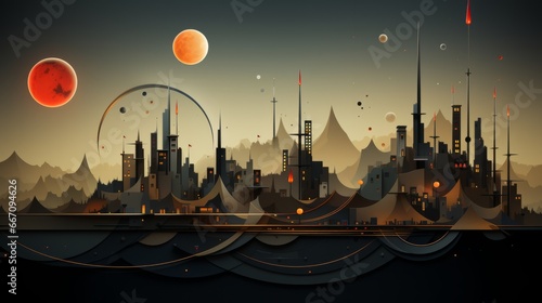 Under a starry sky, a city adorned with towering structures basks in the ethereal glow of the moon, its outdoor skyline a mesmerizing display of urban wonder and endless possibilities photo