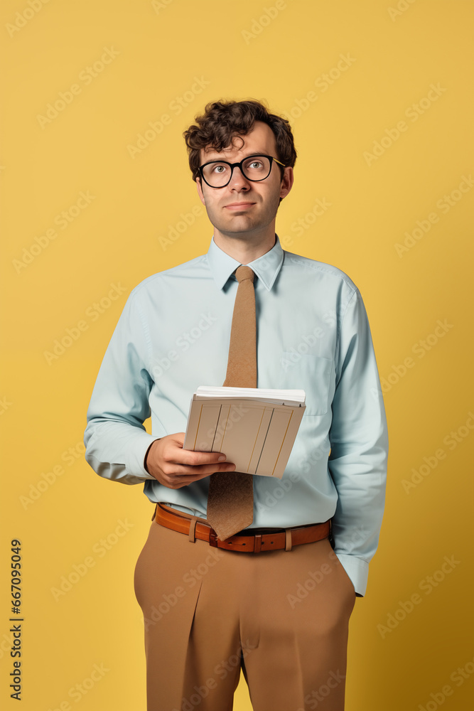 nerdy man wearing tan and blue shirt and tie holding papers isolated on plain yellow studio background nerdy man wearing tan and blue shirt and tie holding papers isolated on plain yellow studio background