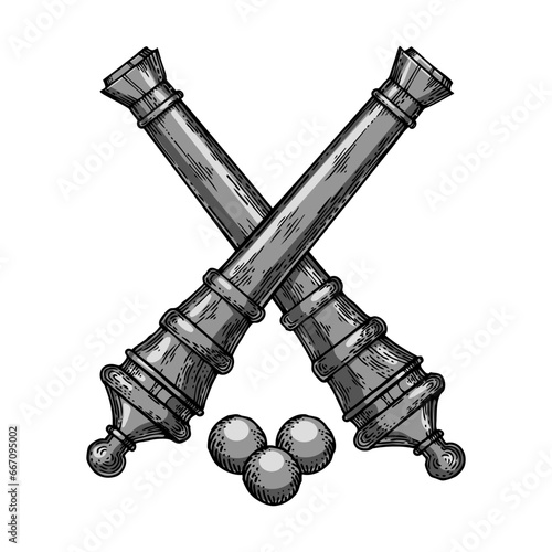 Vintage cannons and cores line art hand drawn color sketch engraving vector illustration. T-shirt apparel print design. Scratch board imitation. Black and white hand drawn image.