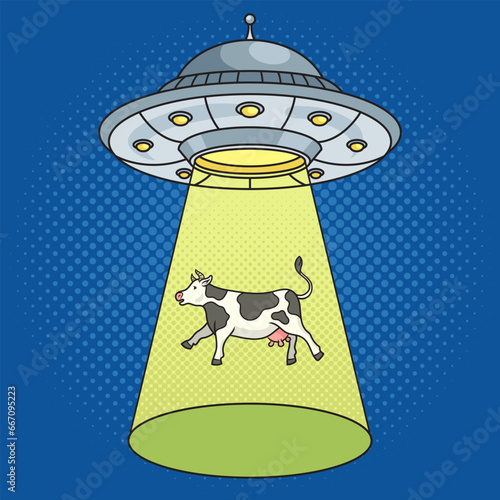 UFO kidnaps the cow pinup pop art retro hand drawn vector illustration. Comic book style imitation.