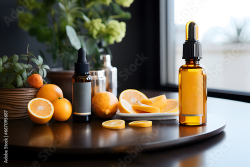 Bottle of vitamin C serum and orange slices. beauty concept.