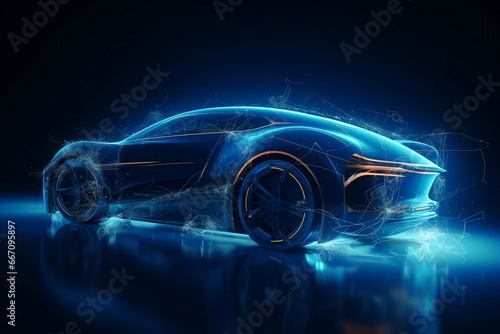 Futuristic blue car study at studio scene with energy blast around generative ai
