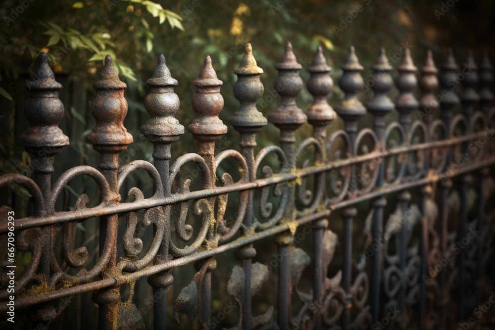 A vintage-looking metal fence with a worn-out appearance. Generative AI