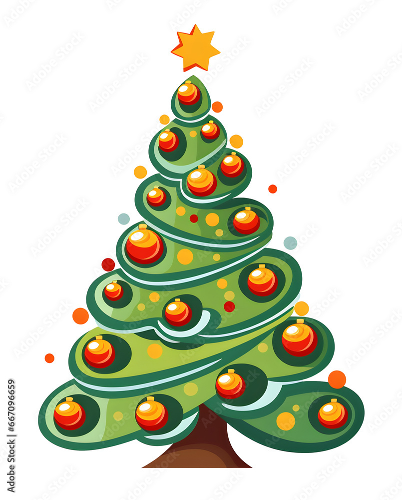 Christmas tree, pine, cartoon vector style New Year and Christmas trees, traditional symbols with garlands, gift box, light bulbs, stars. Winter holidays icons collection isolated background